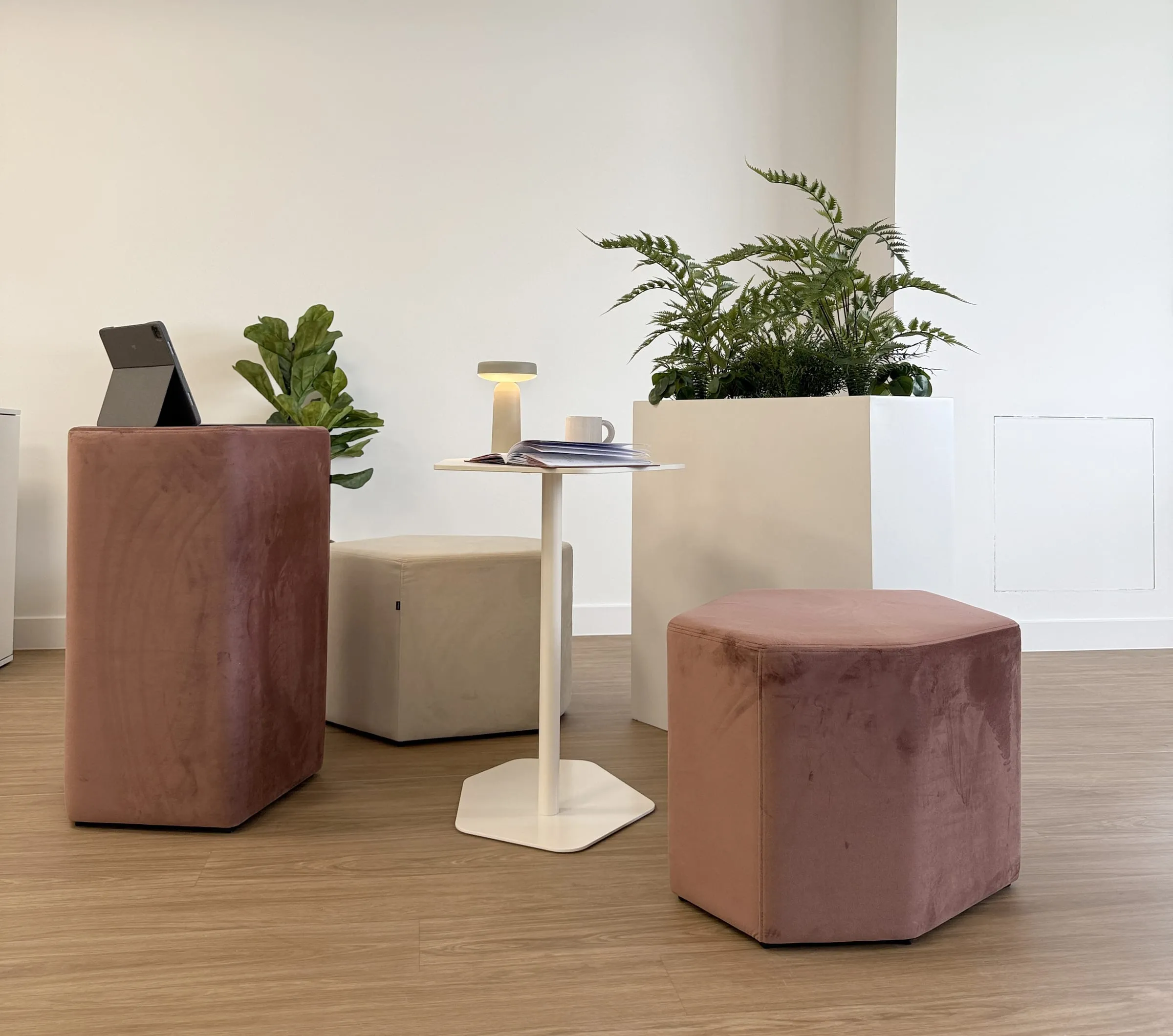 Poufs en velours et table haute, plantes, espace ouvert de formation ATR, Blagnac