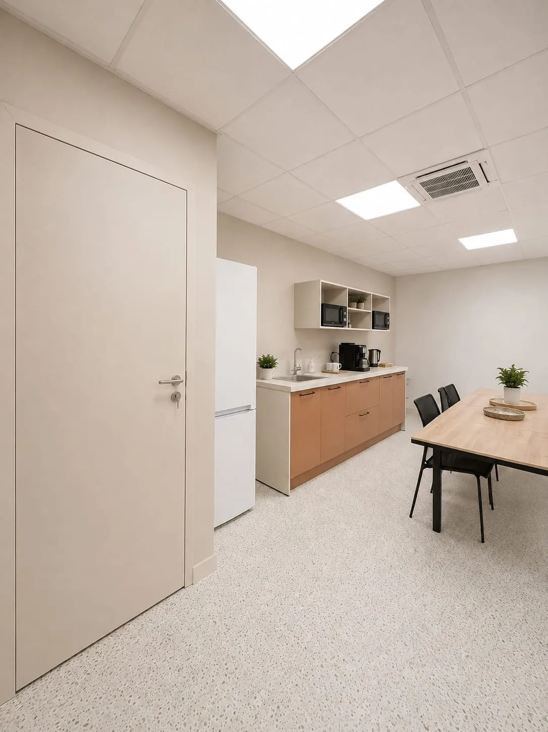 Espace de pause, meuble en chêne, réfrigérateur et table haute, bureaux LRI, Toulouse