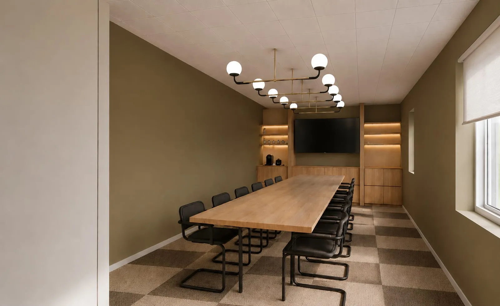 Salle de réunion, longue table en chêne, murs olive et sol en damier, siège de Norimat, Toulouse
