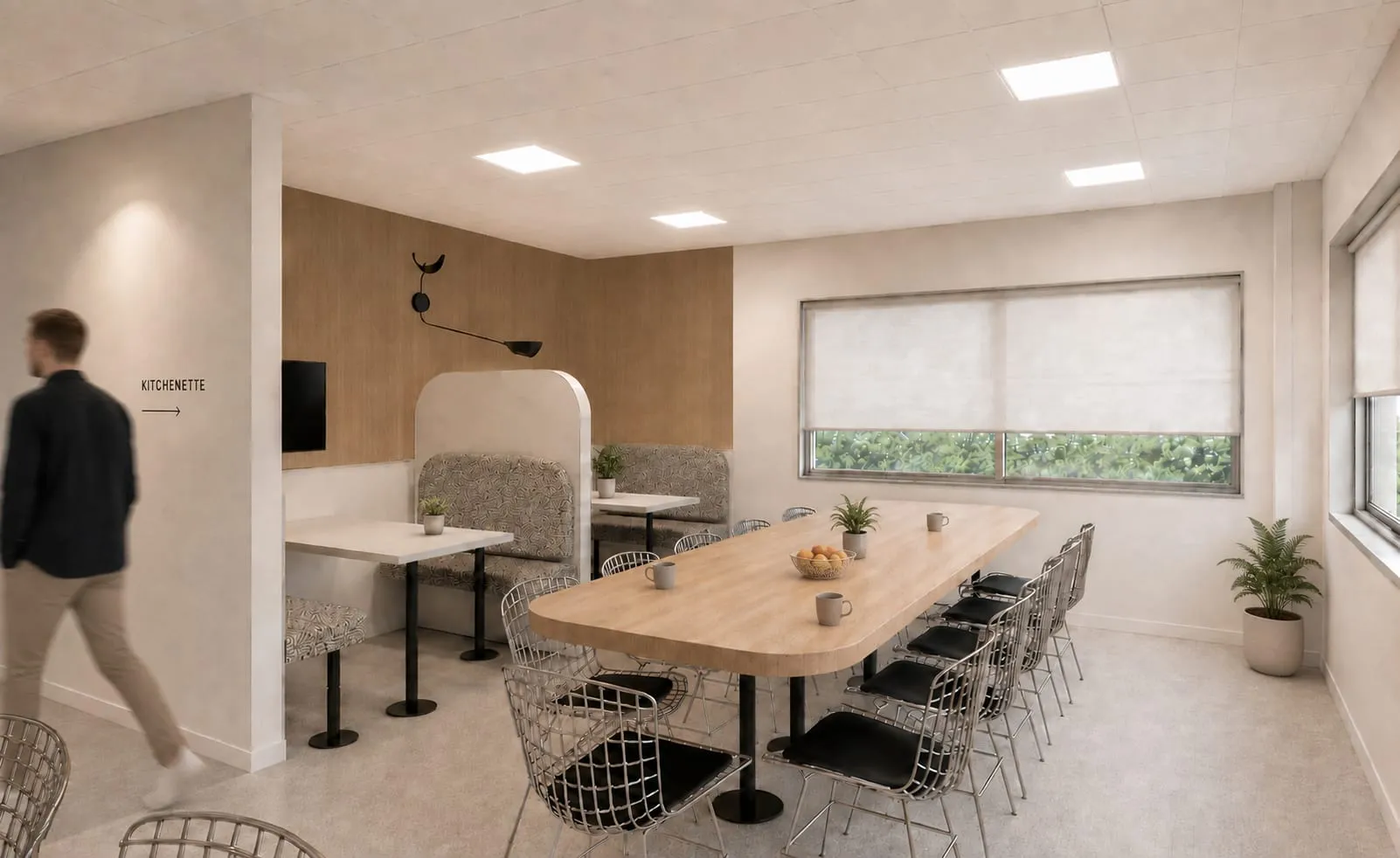 Espace repas, table en bois et chaises en fil noir, alcôve en bois, Norimat, Toulouse