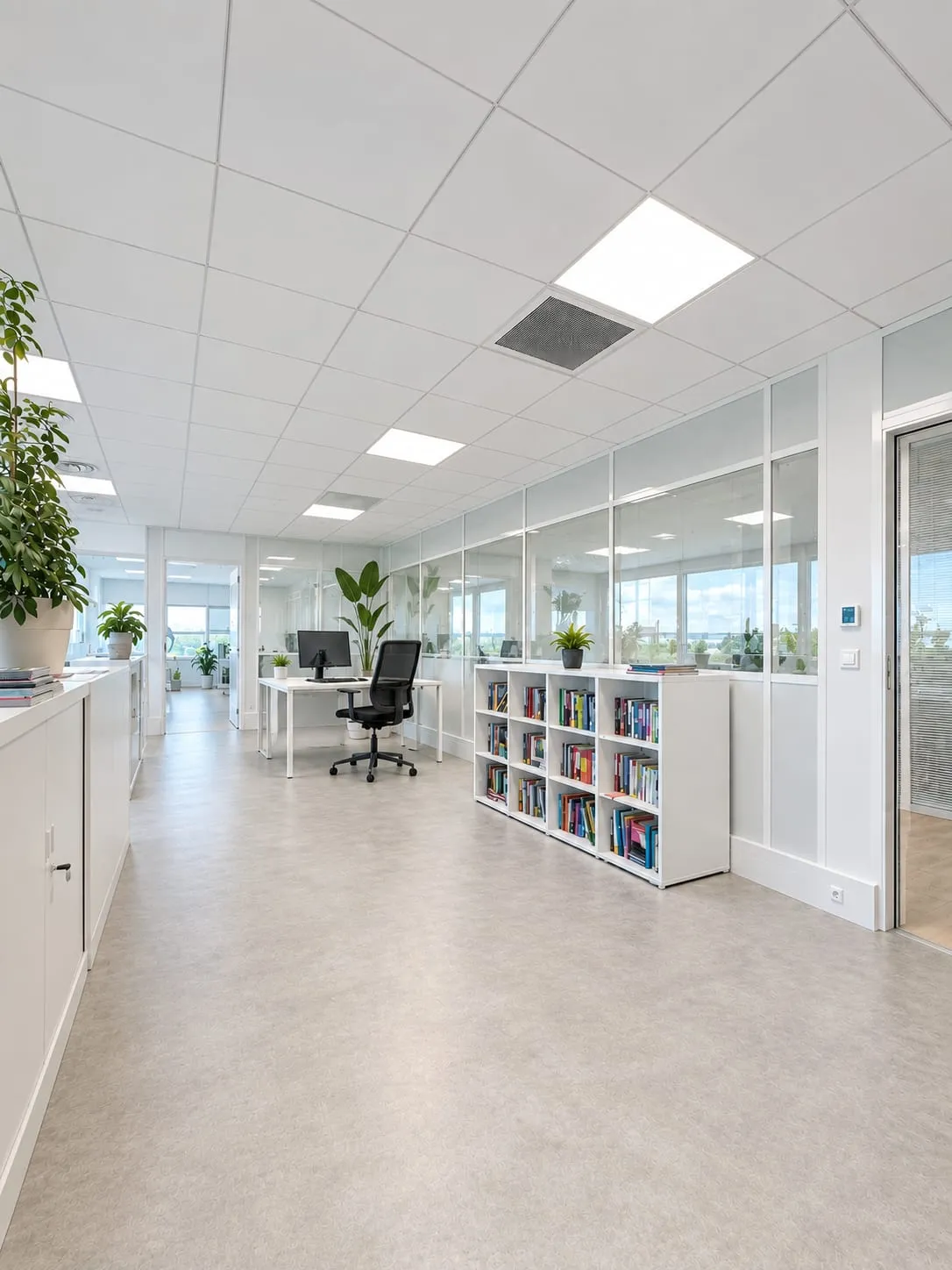 Open space avec bibliothèque basse et cloisons vitrées sur les bureaux, CMCAS