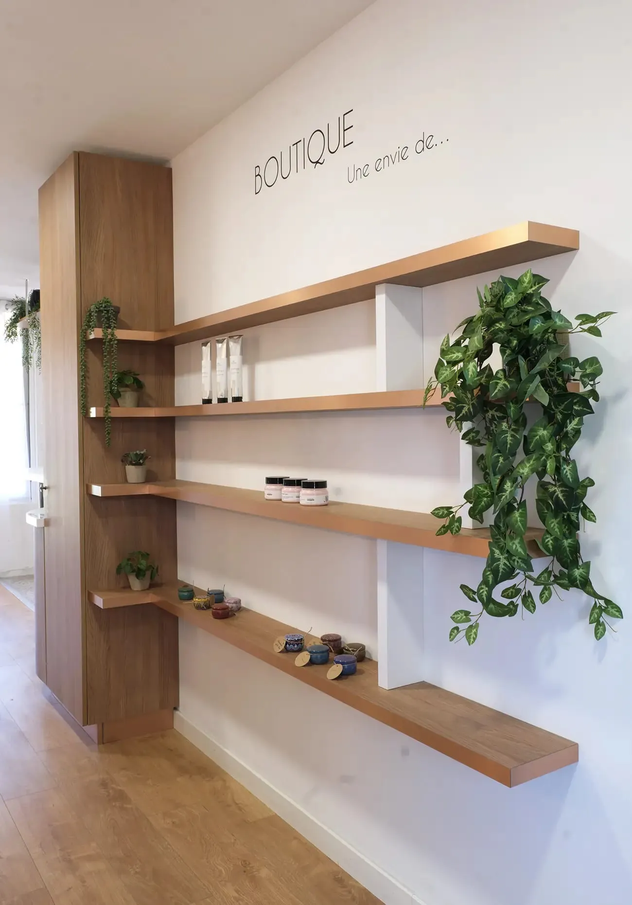 Coin boutique, étagères en chêne et plantes retombantes, Pourquoi Ailleurs, Blagnac