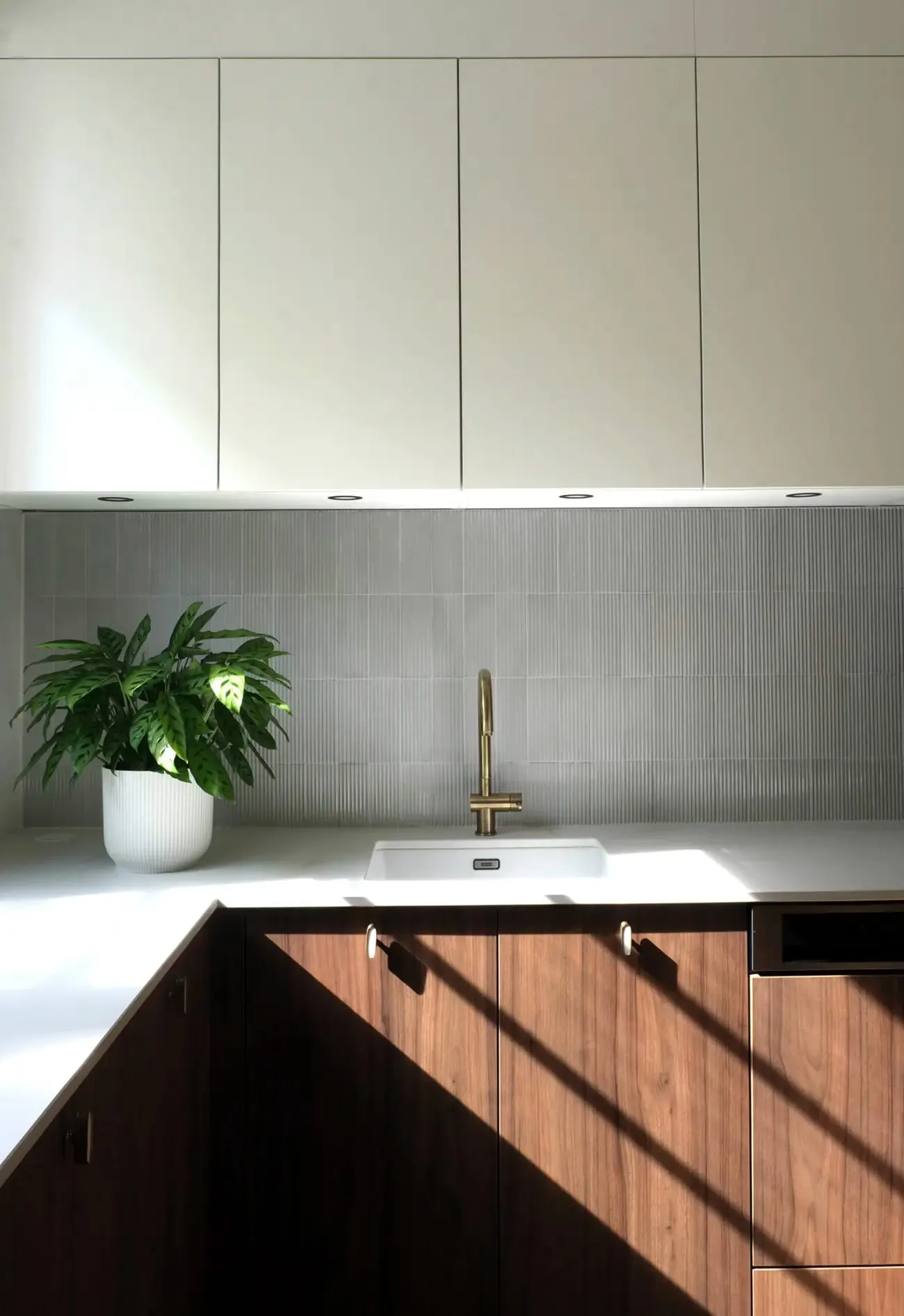 Meubles hauts blancs et bas en noyer, cuisine, Maison T1