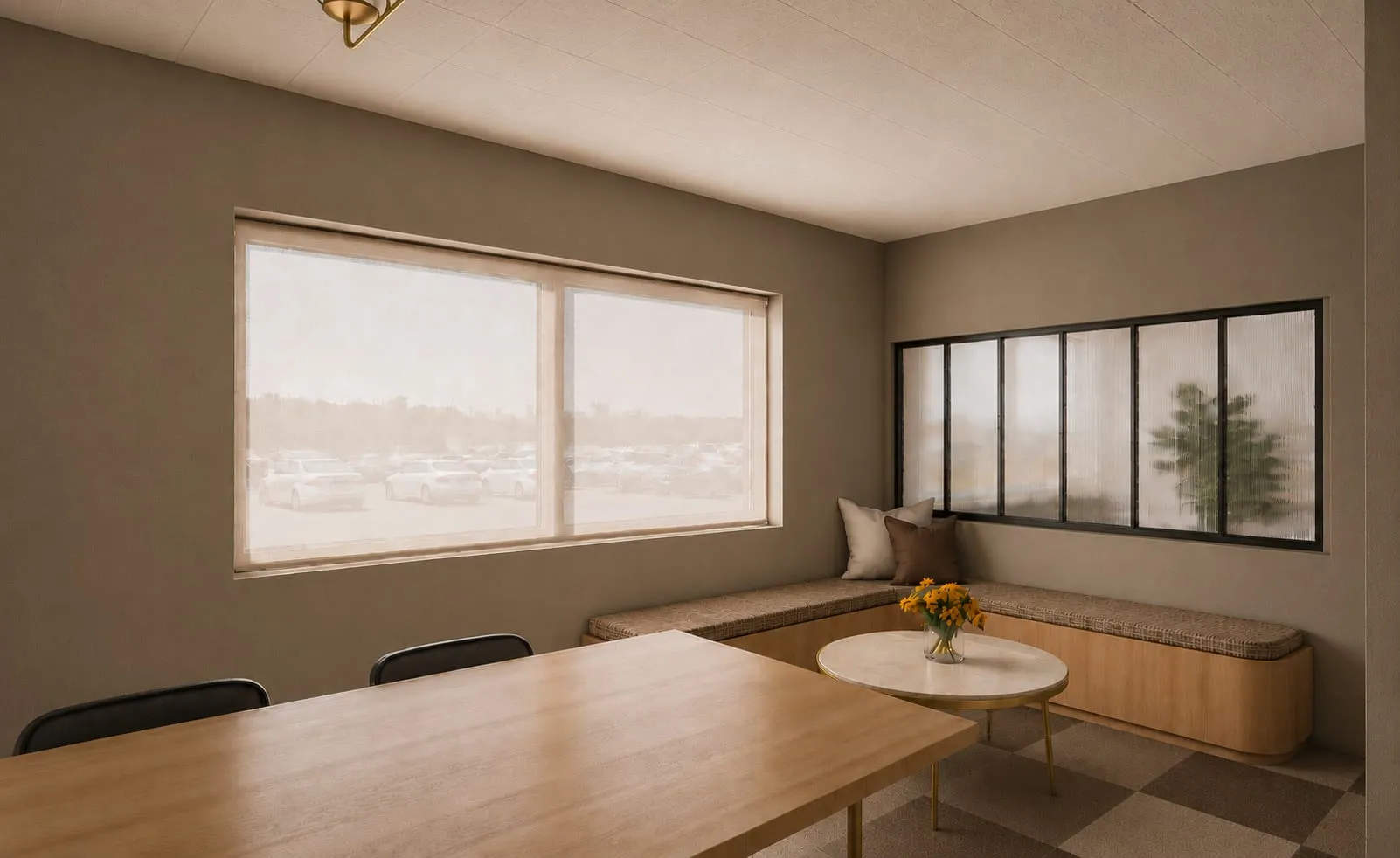 Coin repas en banquette sous la fenêtre, table en bois et verrière, Norimat